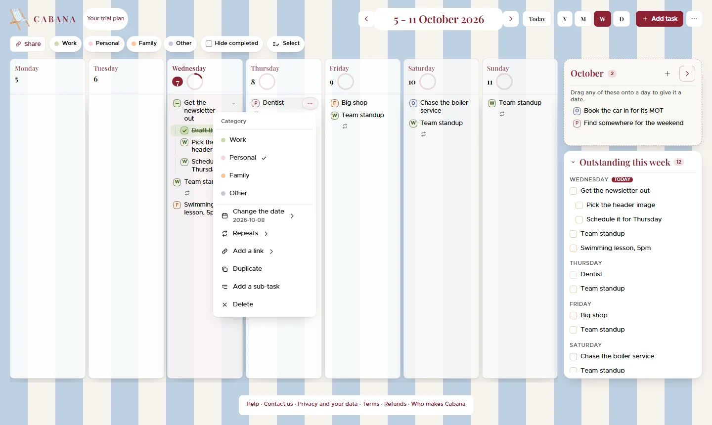 A task's menu open in Cabana's week view, listing Category, Change the date, Repeats, Add a link, Duplicate, Add a sub-task and Delete.