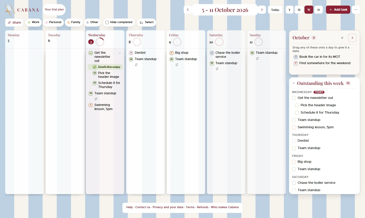 Cabana's week view on a wide screen: seven columns of tasks, each tickbox in its category's colour, with the month tray down the side.