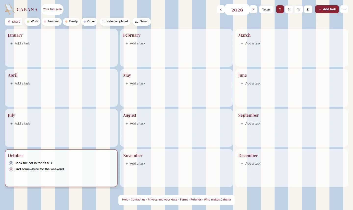 Cabana's year view: twelve month cards, each holding that month's tray of tasks that don't have a day yet.