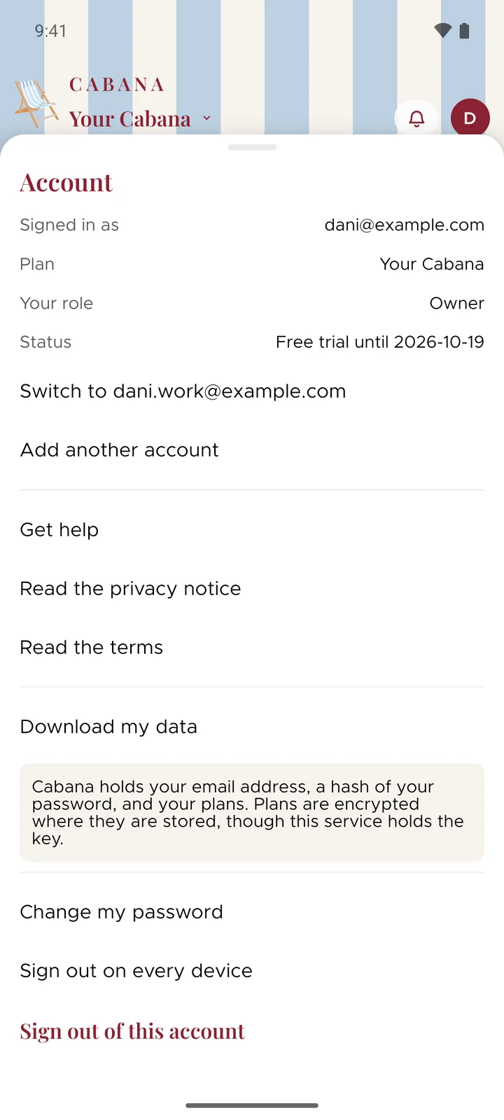The Account screen in Cabana on an Android phone, signed in to one account, with a row to switch to a second account, a row to add another, and a way to sign out of only this one.