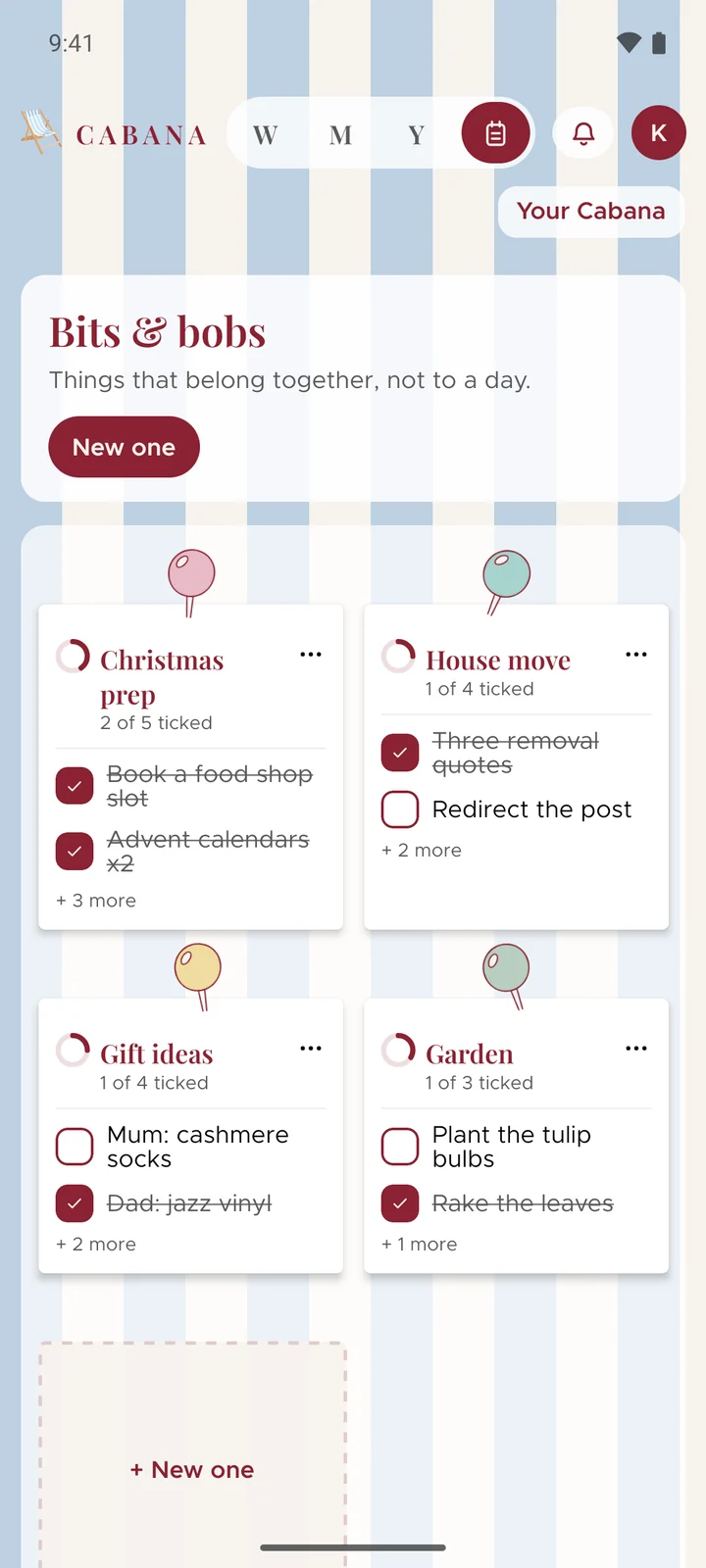 Bits & bobs on an Android phone: four pinned notes, Christmas prep, House move, Gift ideas and Garden, each a short list with no day, some of it ticked off.