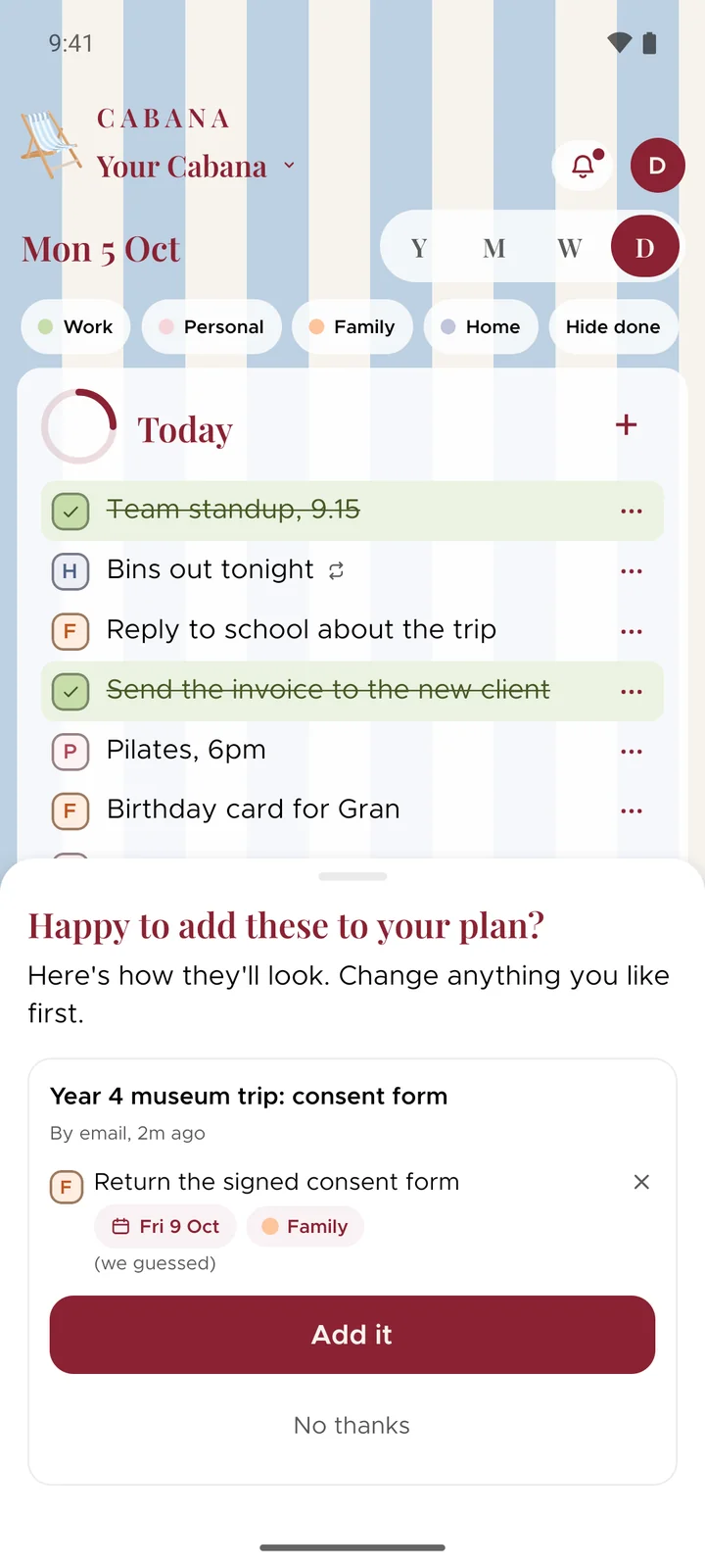 A forwarded email waiting on an Android phone: the school's museum trip consent form, turned into one task with a day, and Add it or No thanks.
