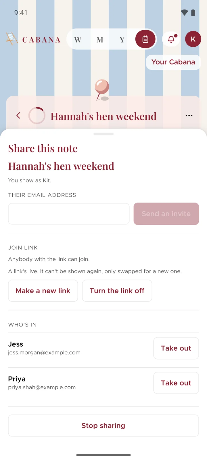 Share this note on an Android phone, for Hannah's hen weekend: a box for somebody's email address, the join link with buttons to make a new one or turn it off, Jess and Priya under Who's in, and Stop sharing.