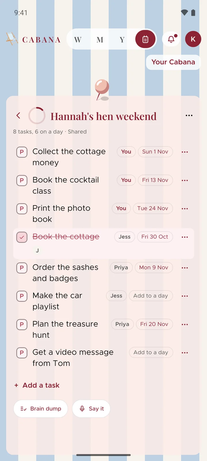 A shared note open on an Android phone: Hannah's hen weekend, eight jobs with your three at the top marked You, then Jess's and Priya's, and one nobody's picked up yet. Six have the day they need doing by, and Book the cottage is ticked off by Jess.