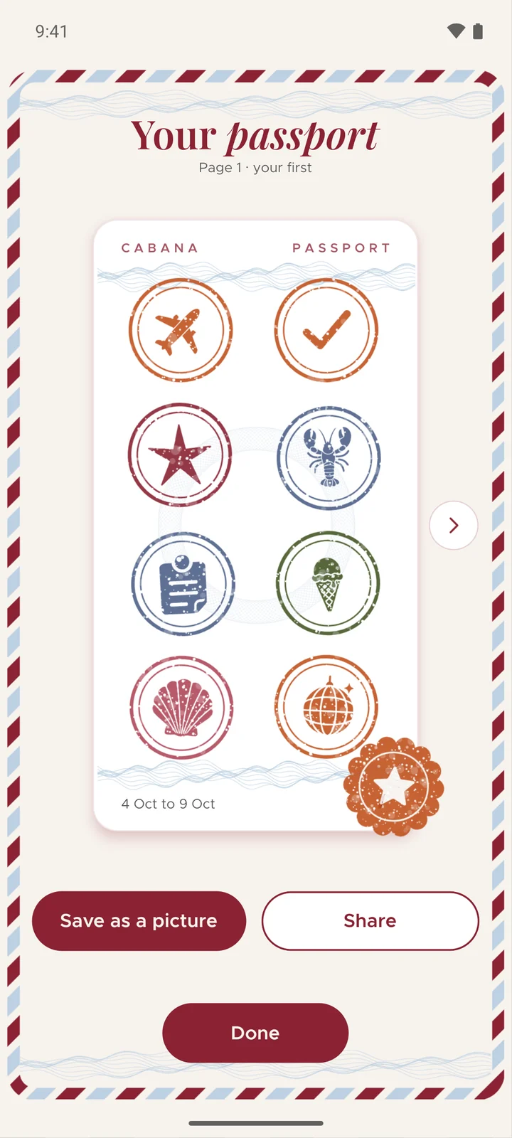 The passport in Cabana on an Android phone: page one full of round stamps, a plane, a tick, a star, a lobster, a clipboard, an ice cream, a shell and a disco ball, sealed with a star, inside an airmail edge.
