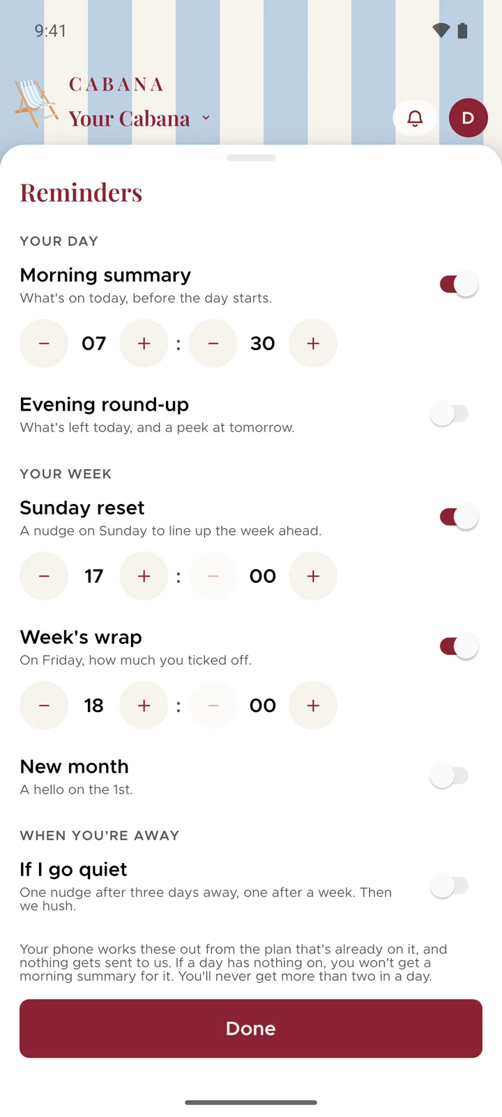 Reminders in Cabana on an Android phone: six switches under Your day, Your week and When you're away, with the morning summary, the Sunday reset and the week's wrap switched on and a time beside each of those.