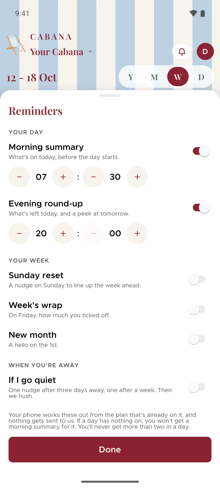 Reminders in Cabana on an Android phone, with the morning summary switched on for half past seven and the evening round-up switched on for eight.