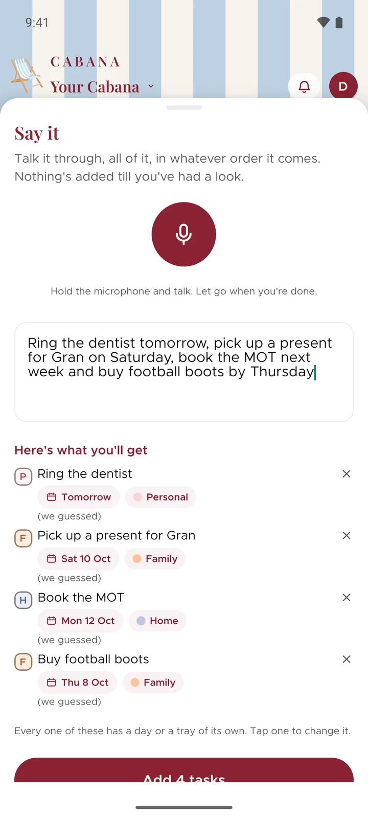 Say it on an Android phone: one rambling sentence about the dentist, a present for Gran, the MOT and football boots, turned into four tasks, each with its day and category.