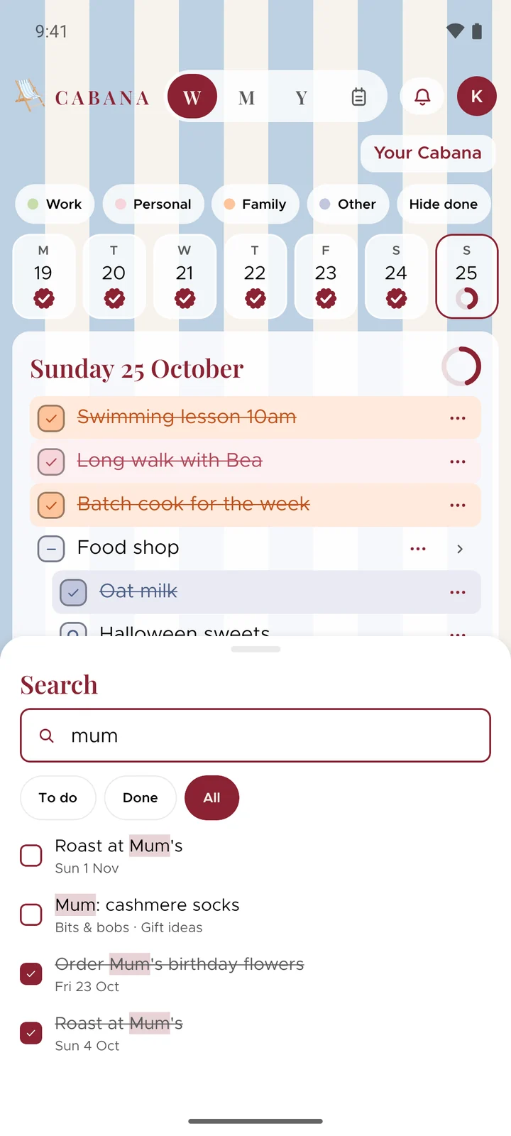Search on an Android phone: "mum" finds four tasks, two still to do and two ticked off weeks ago, one of them in a Bits & bobs note.