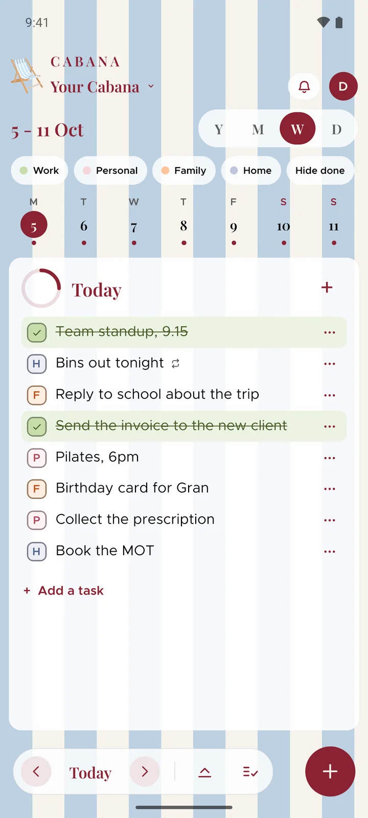 Cabana on an Android phone: the week as seven day bubbles, and today's list underneath with two tasks ticked off and the ring part filled.