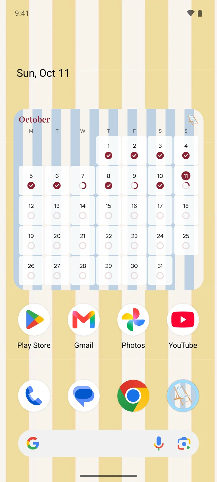Cabana's This month widget on an Android home screen: October as a grid, with a tick under the days that are done, part of a ring under the ones that aren't yet, and today picked out.