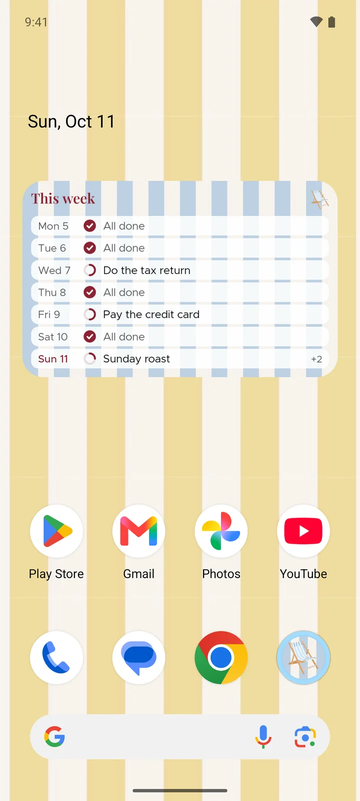 Cabana's This week widget on an Android home screen: a line for each day from Monday to Sunday, four of them all done and the next thing left on the other three.