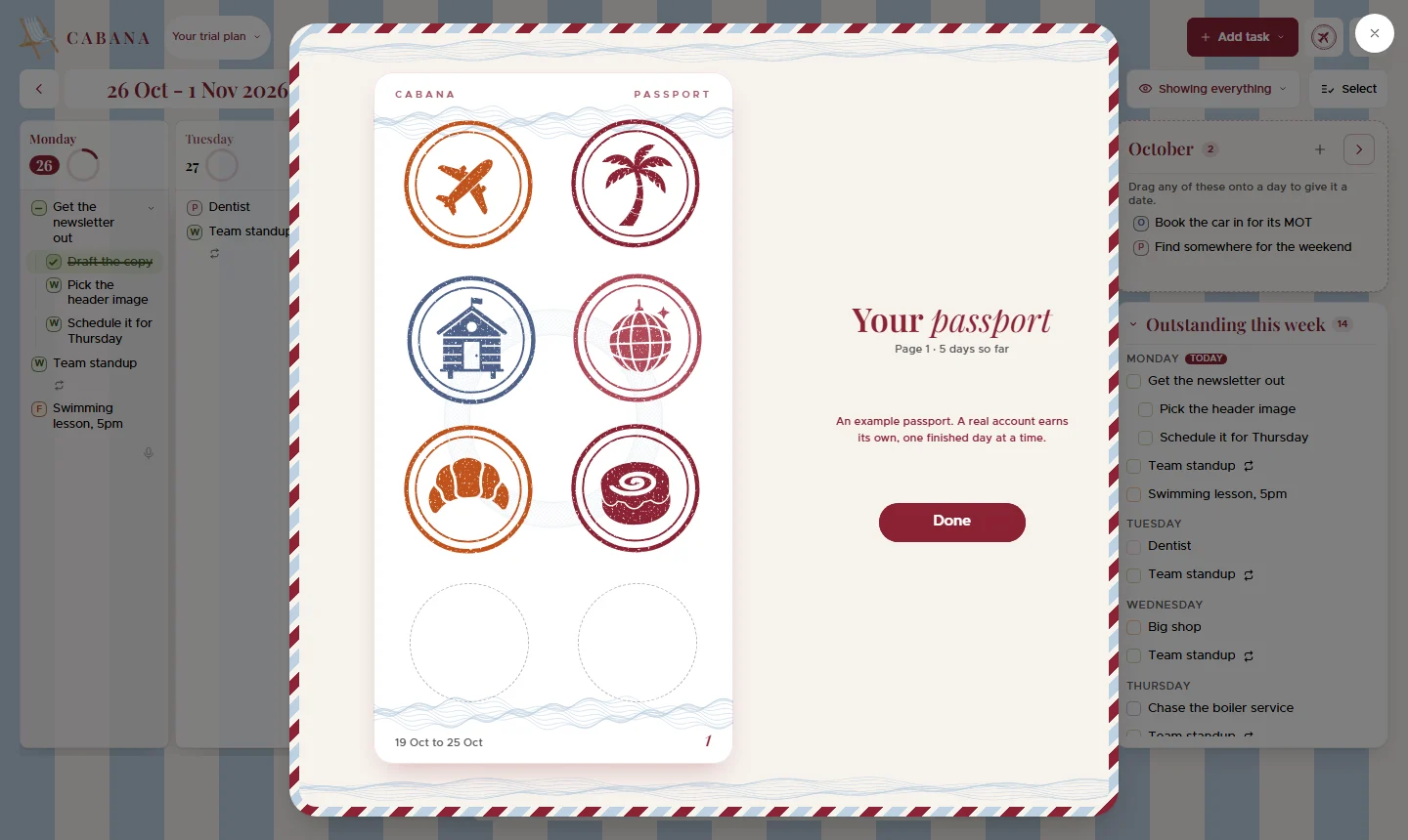 A sample passport in Cabana on a laptop: a printed page of round stamps in claret, blue and green inside an airmail edge, beside what each one is for.